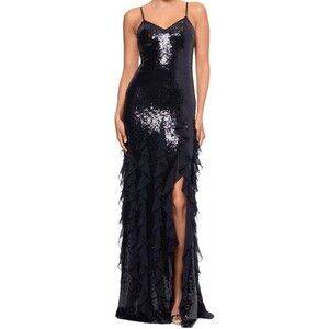 Betsy and Adam Long Black Sequin Formal Gown Size: 8